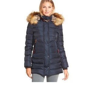 Vince Camuto Women's Faux-Fur-Trim Hooded Puffer Down Coat Navy Blue
